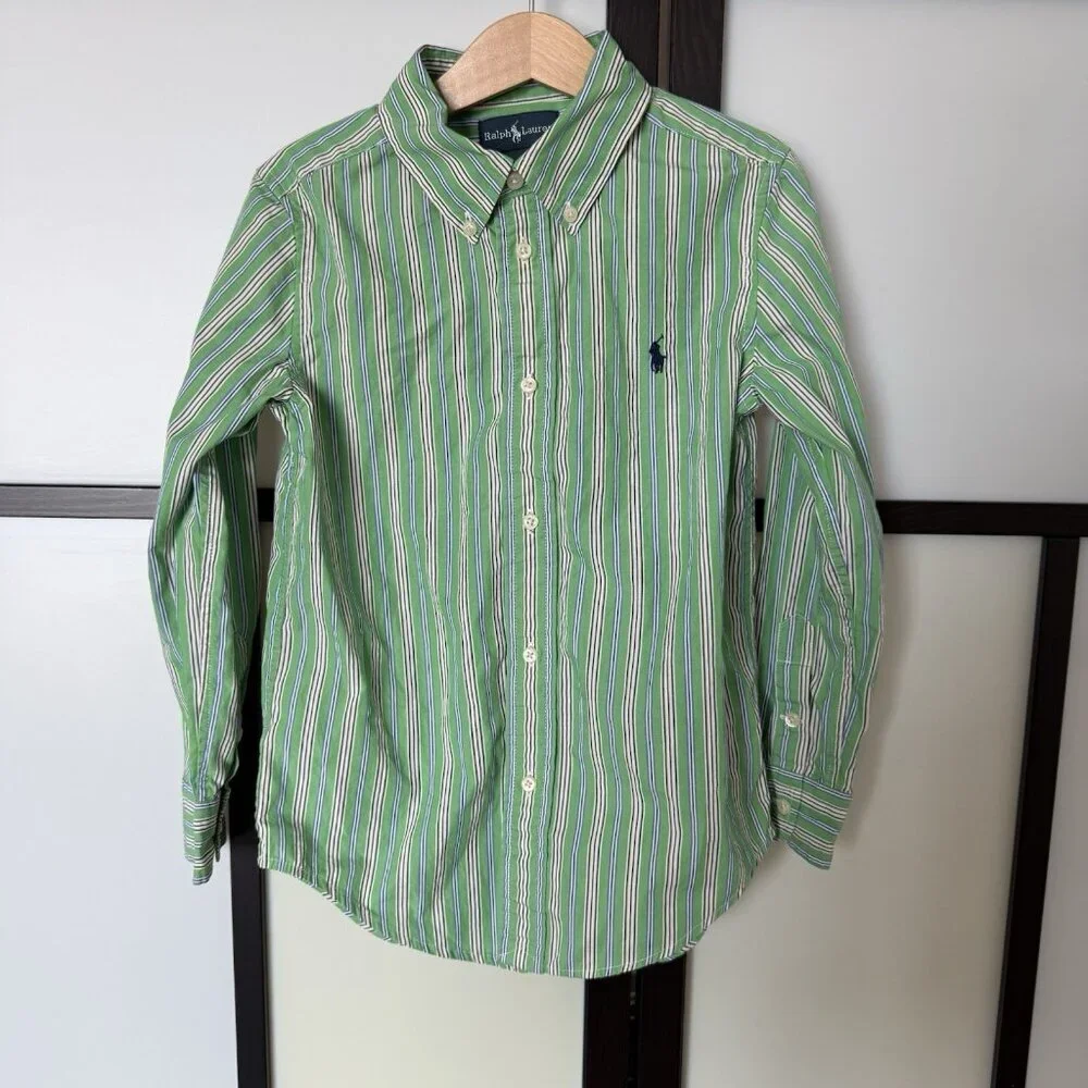 Ralph Lauren Shirt Boys Kids Size Striped Long Sleeve Green Size 6 Preppy Church